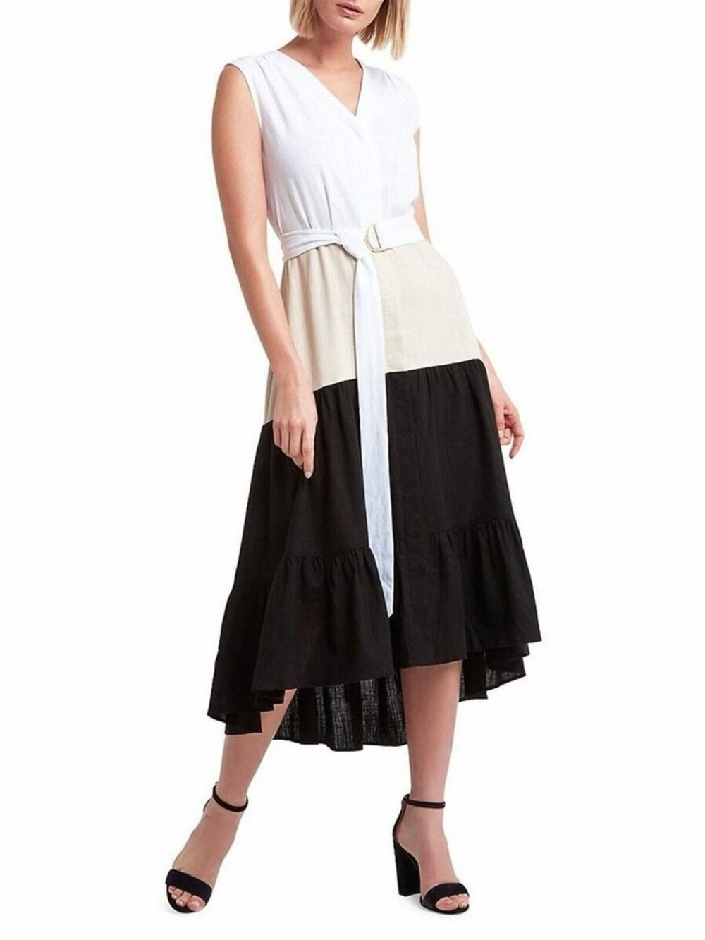 H by Halston Sleeveless Colorblock High-Low Dress in White, Cream & Black